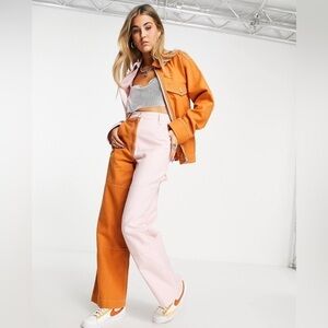 TOPSHOP Women’s half and half contrast straight leg pants in pink/orange, NWT!